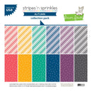 A product packaging graphic for 'Stripes 'n Sprinkles' Autumn Collection Pack' by Lawn Fawn. The graphic displays twelve double-sided patterned papers arranged in a grid of three rows and four columns, featuring various stripe and polka dot designs in autumn-themed colors like pink, orange, teal, blue, purple, and gray.
