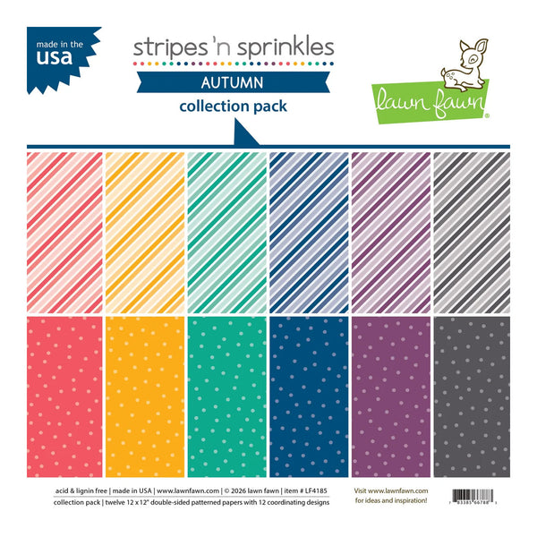 A product packaging graphic for 'Stripes 'n Sprinkles' Autumn Collection Pack' by Lawn Fawn. The graphic displays twelve double-sided patterned papers arranged in a grid of three rows and four columns, featuring various stripe and polka dot designs in autumn-themed colors like pink, orange, teal, blue, purple, and gray.
