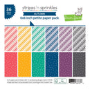 Lawn Fawn 'Stripes 'n Sprinkles' Autumn 6x6 inch petite paper pack, featuring 36 coordinating paper designs in a grid of 12 patterns with stripes and polka dots in autumn colors.