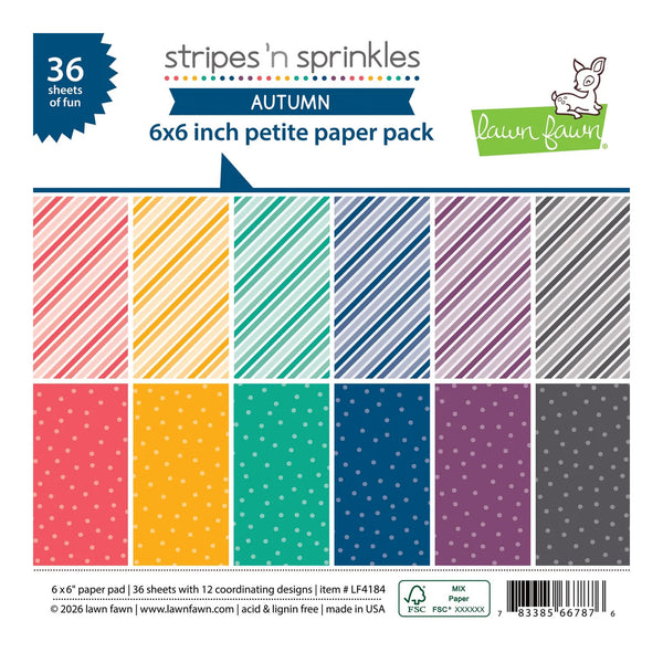 Lawn Fawn 'Stripes 'n Sprinkles' Autumn 6x6 inch petite paper pack, featuring 36 coordinating paper designs in a grid of 12 patterns with stripes and polka dots in autumn colors.