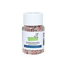 A small clear plastic jar filled with red, green, and white holiday candy canes, topped with a white ribbed cap and labeled 'lawn fawndamentals tiny treasures Christmas mints clay pieces' on a white background.