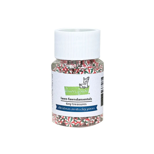 A small clear plastic jar filled with red, green, and white holiday candy canes, topped with a white ribbed cap and labeled 'lawn fawndamentals tiny treasures Christmas mints clay pieces' on a white background.