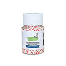 A small clear plastic jar filled with red and white candy-cane-shaped clay pieces, sealed with a white ribbed cap and labeled 'lawn fawfundamentals tiny treasures santa clay pieces' on a white background.