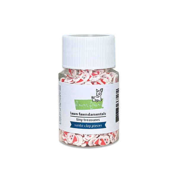 A small clear plastic jar filled with red and white candy-cane-shaped clay pieces, sealed with a white ribbed cap and labeled 'lawn fawfundamentals tiny treasures santa clay pieces' on a white background.