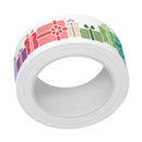 A roll of white tape printed with colorful gift box illustrations in red, pink, purple, green, and teal, shown on a plain white background.