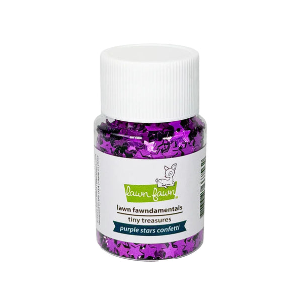 A small clear plastic jar filled with purple and black star-shaped craft confetti, topped with a white ribbed cap and labeled 'lawn faw fundamentals tiny treasures purple stars confetti' on a white background.