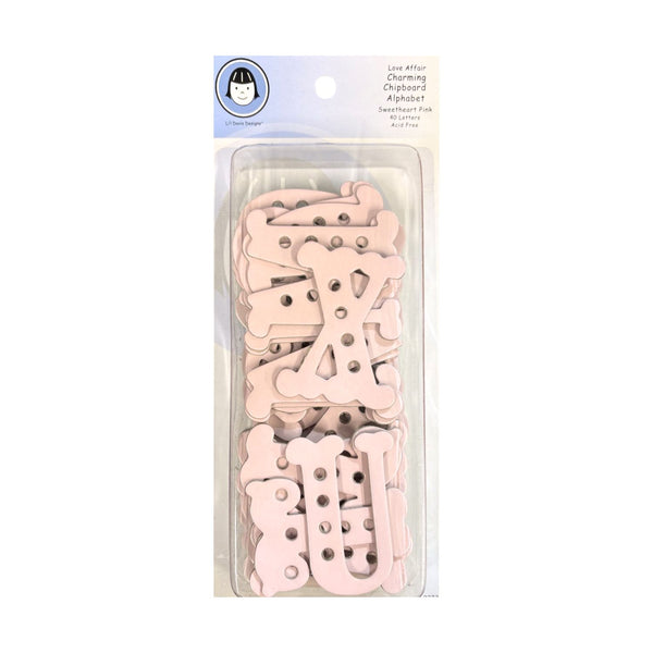 A package of light pink wooden  alphabet chipboard, shown in clear plastic packaging with a white and blue header card.