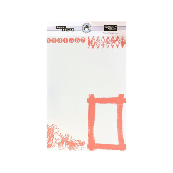 Li'l Davis Designs - Jenni Bowlin - Painted Transparency - Red  printed designs, including numbers, a diamond pattern, floral accents, and a rectangular frame, shown against a plain white background.