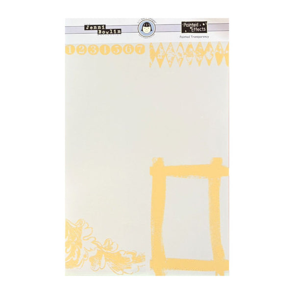 Transparencies featuring a yellow stencil design of numbers, a ladder, and floral patterns on a white background.