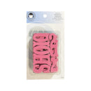 Pink chunky letter and number chipboard alphabet set in clear plastic packaging with a white and blue header card.