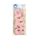 A package of pink wooden lowercase alphabet letters for baking, shown in clear plastic packaging with a blue header card.