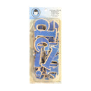 A vintage-style wooden alphabet letter set in a clear plastic blister pack with a printed header card. The letters are painted blue with a distressed, weathered finish showing the natural wood underneath.