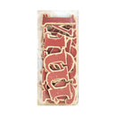 A clear plastic bag filled with distressed red and cream decorative block letters, photographed against a plain white background.