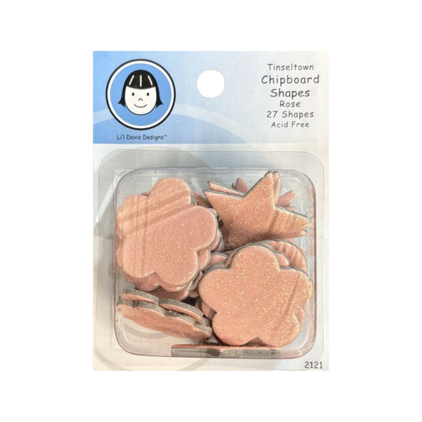 Tinseltown Chipboard Shapes Rose set in clear plastic packaging with a blue header card. The set contains 27 glittery rose chipboard shapes in various forms like stars, leaves, and flowers.
