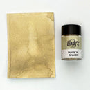 A small jar of Lindi's Magical Shaker glitter next to a square sample of the shimmering gold pigment on a white background.