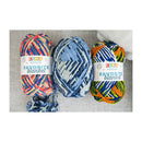 Three skeins of colorful yarn with 'Covet' labels on a textured fabric background