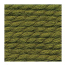 A close-up texture shot of olive green yarn, showing the detailed fuzzy fibers wound together in a neat pattern.