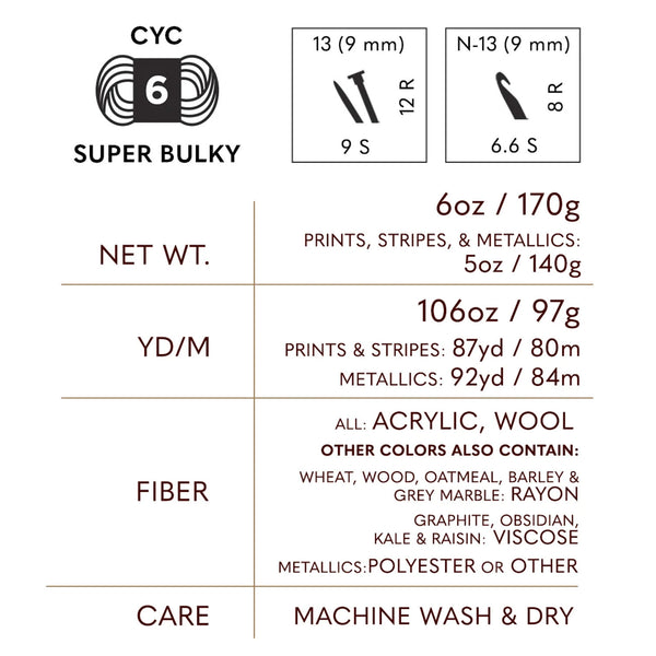 A product information card for CYC Super Bulky Yarn, showing the brand logo, size information for 6 and 9 mm cones, weight details for 6 oz (170g) and 10.6 oz (97g), fiber composition, and care instructions.