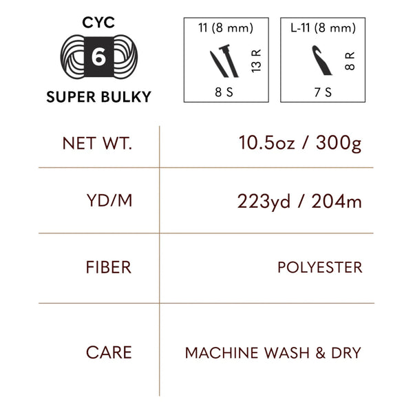 Yarn label with specifications including weight, length, fiber type, and care instructions.