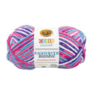 Colorful yarn ball with a label on a white background