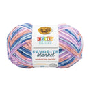 Multicolored yarn ball with a Lion Brand label on a white background