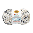 Ball of yarn with a Lion Brand label on a white background