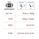 Yarn label with specifications including weight, length, fiber type, and care instructions.