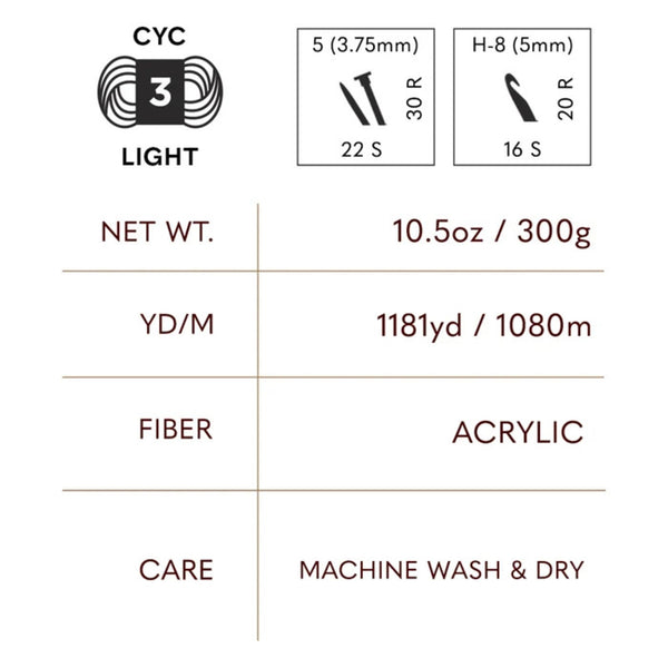 Yarn label with specifications including weight, length, fiber type, and care instructions.