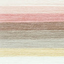 A close-up of horizontal yarn or thread stripes in soft pastel tones, including off-white, pink, taupe-brown, light gray, and pale yellow.
