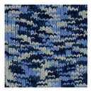 Blue and white patterned rug on a plain background