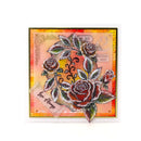 A square handmade greeting card featuring a vintage-style rose illustration with layered paper textures, a yellow sun motif, and a small translucent tag reading 'Love Always'.