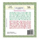 Back of a craft stamp set with text and branding on a green background