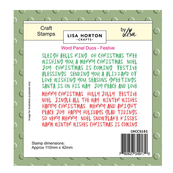 Back of a craft stamp set with text and branding on a green background
