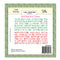 Back of a craft stamp set with text and branding on a green background