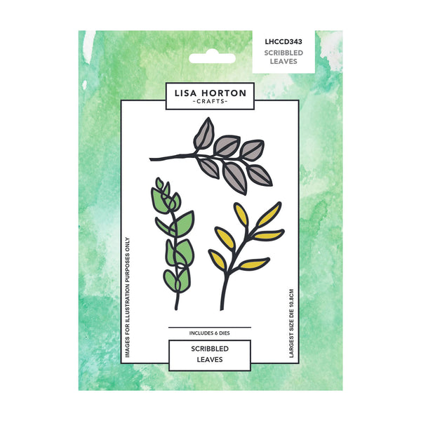 Lisa Horton Crafts 'Scribbled Leaves' stamp set in its retail packaging, featuring three illustrated leafy stems in green, gray, and yellow on a white card with a green watercolor-textured backing.