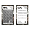 Front and back views of a Muse Maker Four-De-Lys 3D Envelope Folder stamp design, shown on a dark wood-textured background. The front features a gray envelope folder pattern with the Muse Maker logo, while the back displays product details, instructions, and a barcode.