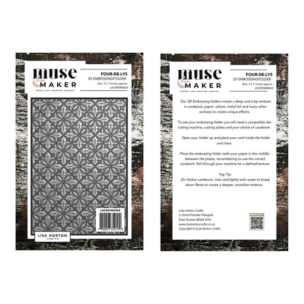 Front and back views of a Muse Maker Four-De-Lys 3D Envelope Folder stamp design, shown on a dark wood-textured background. The front features a gray envelope folder pattern with the Muse Maker logo, while the back displays product details, instructions, and a barcode.