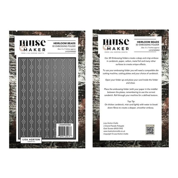 Front and back views of a Muse Maker 3D Enabling Folder card set, featuring a black and white geometric bead pattern on the front and detailed instructions on the back, set against a dark wood background.