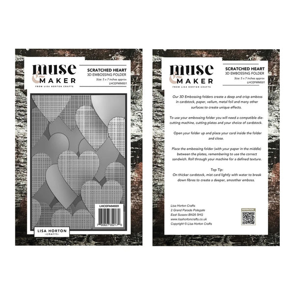 Two matching embossing folder sheets shown side by side on a dark wood background. The folders are white with black and gray geometric heart patterns and printed text including the brand name 'Muse Maker' and product name 'Scratched Heart 3D Embossing Folder'.