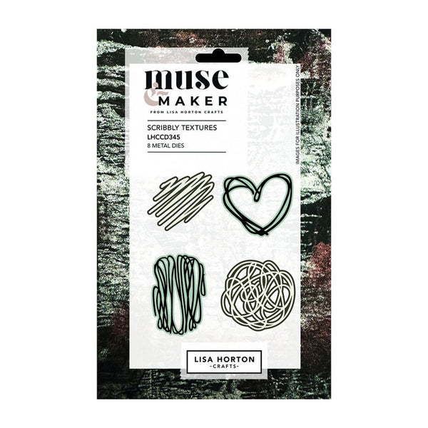 Muse Maker 'Scribbly Textures' clear stamp set in its original packaging, featuring four metal dies: scribbled lines, a heart, a vertical line pattern, and a tangled scribble, by Lisa Horton Crafts.