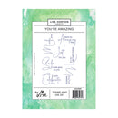 Lisa Horton Crafts 'You're Amazing' stamp and die set packaging, featuring a white central label with sample stamped words over a green watercolor background.