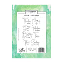 Lisa Horton Crafts 'Huge Congrats' stamp and die set, featuring six different celebratory message stamps on a white sheet with a green watercolor border.