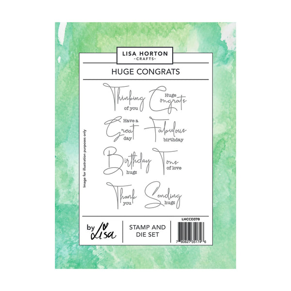 Lisa Horton Crafts 'Huge Congrats' stamp and die set, featuring six different celebratory message stamps on a white sheet with a green watercolor border.