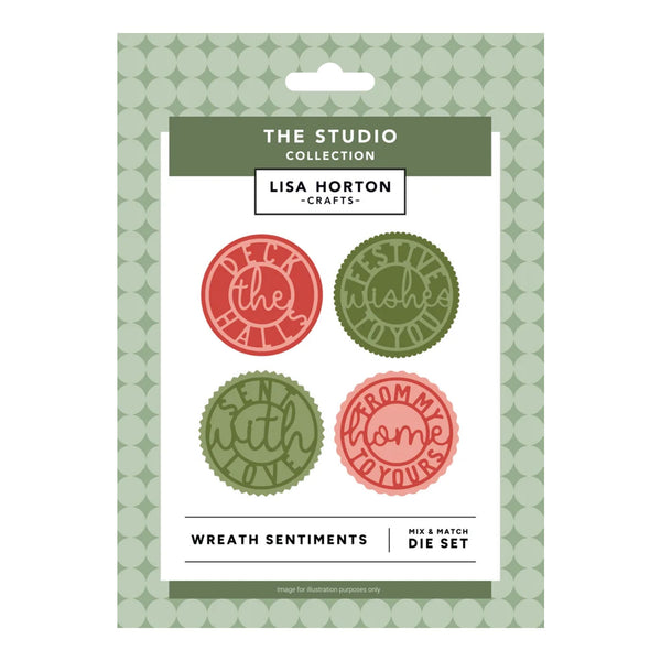 Lisa Horton Crafts 'Wreath Sentiments' mix and match die set by The Studio Collection, shown in its original packaging with four circular dies featuring holiday-themed sentiments.