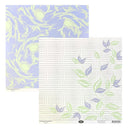 Two square sheets of patterned cardstock displayed on a white background. One sheet features a lavender and light green floral design, and the other features a white background with fine gray text and matching lavender and light green leaves.