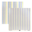 Two sheets of patterned scrapbook paper on a white background. The top sheet features vertical columns of pastel blue, lavender, gray, and light green dots on a cream base.