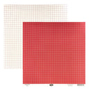 Two sheets of grid-patterned paper on a white background, with one sheet fully visible in red with white lines and the other partially visible behind it in White with red lines. Small printed text and a barcode appear along the bottom edge.