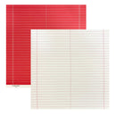 Two overlapping ruled paper sheets with horizontal lines, one red with white lines and one white with red lines, on a plain white background. 