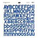 A sheet of blue alphabet stickers on a white backing card, including uppercase and lowercase letters, punctuation, and decorative symbols. The card shows the brand name 'The Paper Palace' and product details at the top.
