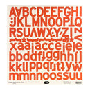 A square sticker sheet featuring the uppercase alphabet and lowercase letters in a bold, rounded orange-red font on a warm off-white background. Small printed text appears along the bottom edge.